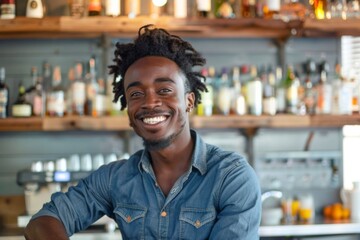 Fototapeta premium Smiling portrait of a young African American male bartender
