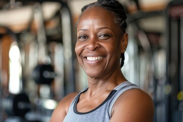 Naklejka premium Smiling portrait of a middle aged slightly overweight woman in gym