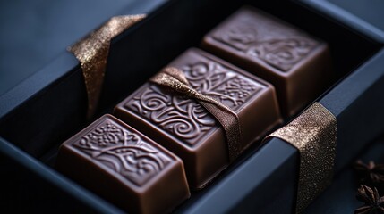 Dark chocolate squares in elegant box with gold ribbon.