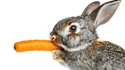 A close-up of a rabbit holding a carrot in its mouth, showcasing its fur and expressive eyes.