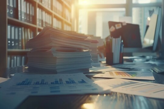 Collection of business analytics charts and graphs stacked on office desk
