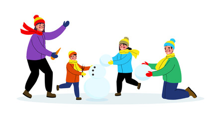 Happy family making a snowman together. A large family spends time outdoors in winter. Vector illustration on a white background.