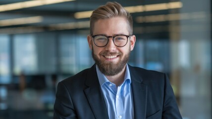 Naklejka premium A smiling man in a suit, exuding professionalism in a modern office setting.