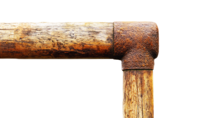 A close-up of a rusty metal pipe elbow joint connected to a wooden pipe, showcasing industrial materials and textures.