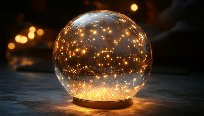 A crystal-clear glass sphere with LED lights that emit gentle, pulsating glows, creating a calm and soothing light display. Captured in high definition with realistic clarity