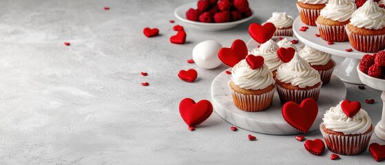 Heart-shaped cupcakes arranged beautifully on a festive Valentine dessert table