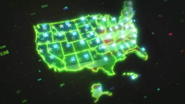 usa map, united states, digital map, glowing borders, neon map, america, technology, election results, logistics, connection, network, data visualization, green glow, geography, north america, patriot