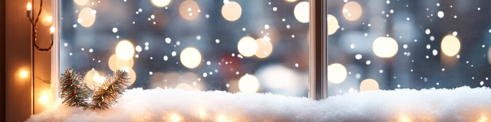 Fototapeta premium A cozy winter scene featuring window adorned with soft snow and twinkling lights, creating warm and inviting atmosphere. gentle snowfall adds to serene beauty of moment
