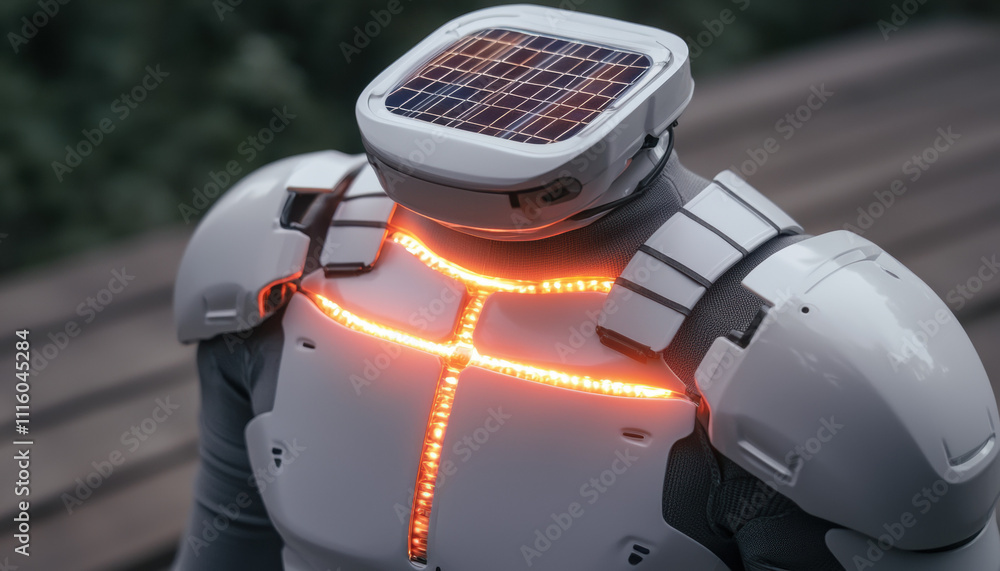 Aufkleber a futuristic robot with a solar panel and illuminated features, showcasing advanced technology and m