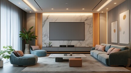 Fototapeta premium Modern minimalist design, audio-visual room, relaxing, watching movies
