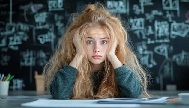A frustrated student with messy hair struggles to concentrate on math homework in class