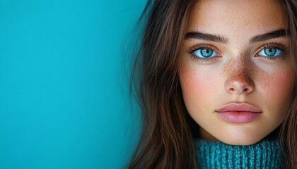 Naklejka premium Portrait of a young woman showcasing her blue eyes and natural beauty with soft lighting