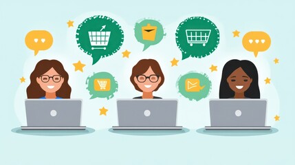 Three women working on laptops with shopping and communication icons around them.