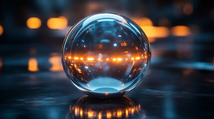 A futuristic glass sphere with LED lights emitting soft glows, casting dynamic reflections on a dark surface. Realistic and HD, with an ethereal atmosphere