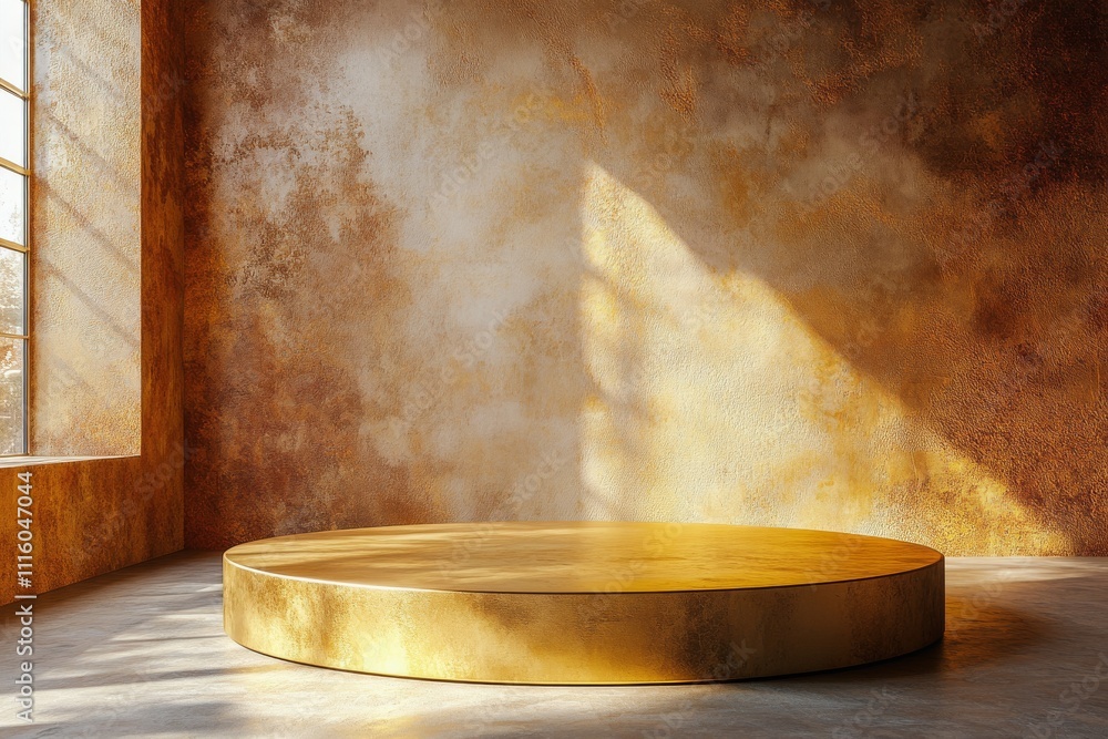 Poster elegant golden circular platform illuminated by soft natural light in a minimalist setting