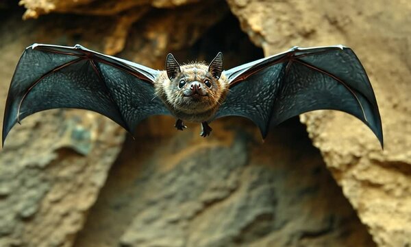 A close-up of a bat in flight, showcasing its detailed wings and expressive face.