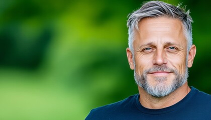 Obraz premium Man with gray hair smiles in a vibrant green outdoor area, radiating happiness and warmth
