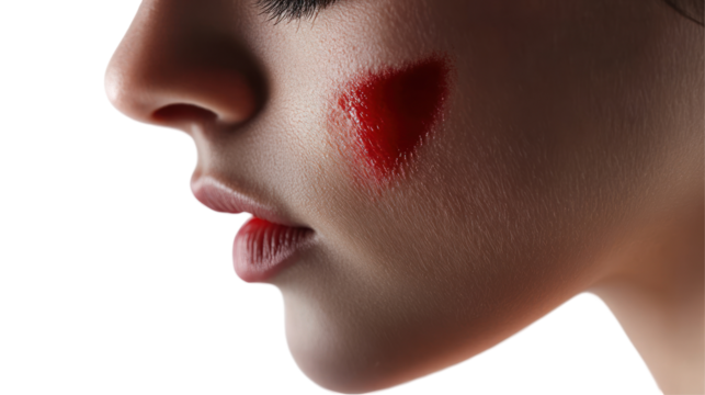 A close-up profile of a woman with a red heart painted on her cheek, highlighting beauty and artistic expression.