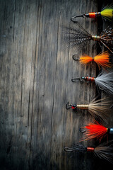 Fly fishing flies on a rustic wooden background