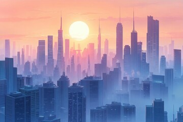 Fototapeta premium A vibrant city skyline at sunset, showcasing towering skyscrapers.