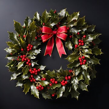 christmas wreath with red bow on Black background generated by AI