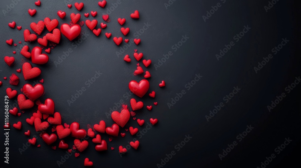 Poster red hearts arranged in a circular pattern on a dark textured background for decoration