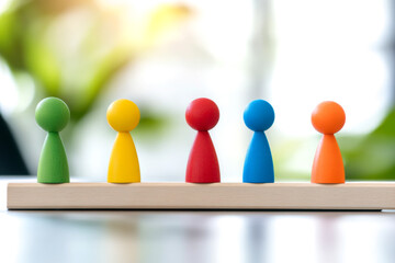 A row of colorful wooden figures stands on a wooden base, symbolizing diversity and teamwork against a blurred green background.