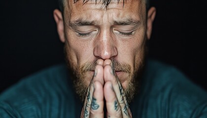 A man with tattoos clutches his hands together in prayer, eyes closed in deep thought