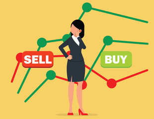 Financial market business. Businesswoman chooses between sell or buy stock market.