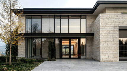 Obraz premium Modern Stone Villa Home with Valley Views and Olive Grove, Carmel Valley Estate