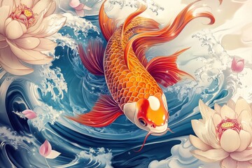 Obraz premium Vibrant Koi Fish Swimming in Serene Water with Lotus Flowers: A Digital Painting Masterpiece