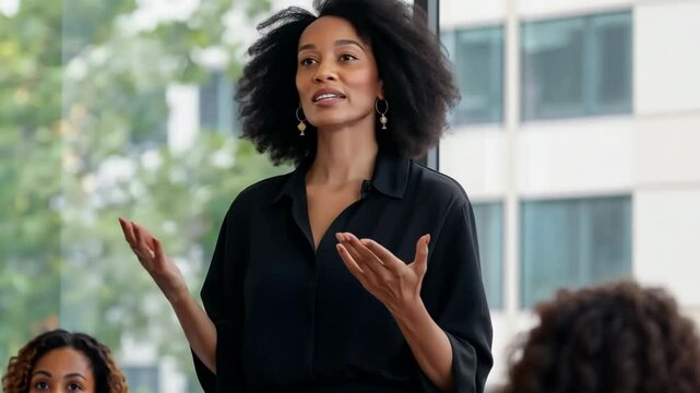 A woman with curly hair is giving a presentation in front of a group of people. She is wearing a black dress and has her hands outstretched