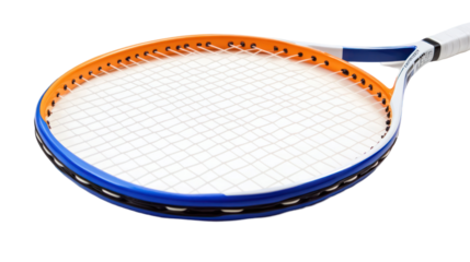 A close-up view of a tennis racket, showcasing its strings and frame, designed for playing the sport of tennis.