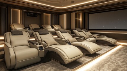 Luxurious home theater with reclining leather seats and large screen.