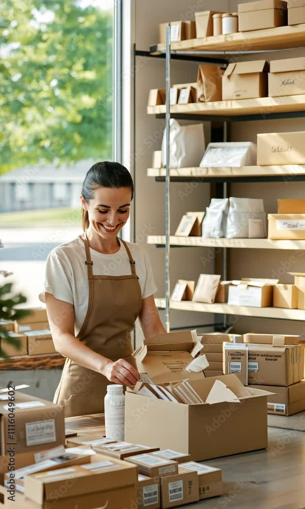 Poster a woman is smiling and working in a store with a lot of boxes. scene is cheerful and positive