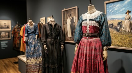 Vintage dresses displayed in museum exhibit.