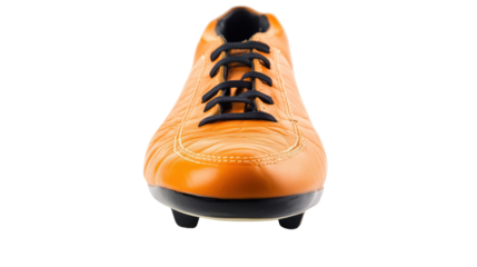 A close-up view of an orange soccer cleat, designed for performance on the field with a sleek, modern look.