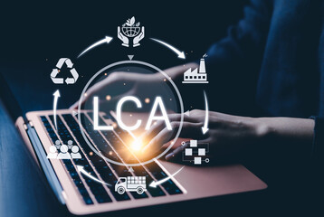 LCA, Life Cycle Assessment and Sustainability Concept. A digital interface displaying "LCA" surrounded by sustainability icons, recycling, transportation, production, and environmental conservation.