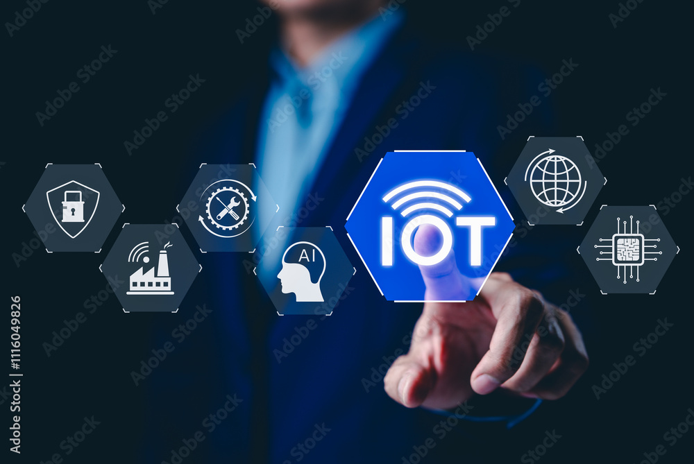Poster iot technology and wireless connectivity concept. internet of things, businessman touching on iot in