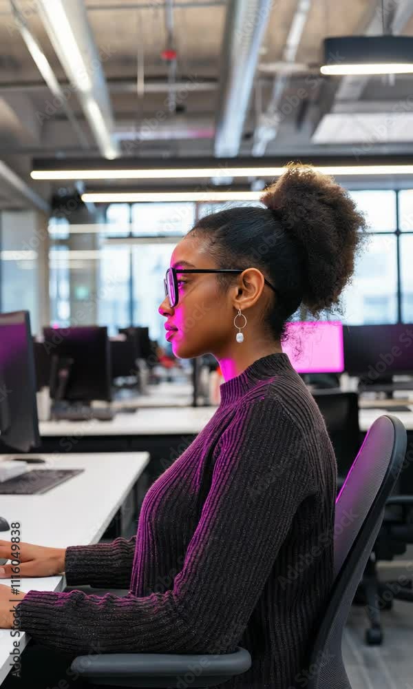 Poster a woman wearing glasses sits at a desk with a computer and a keyboard. she is typing on the keyboard
