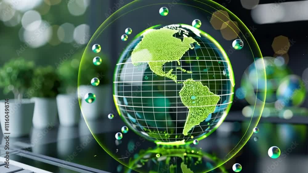 Poster detailed 4k prores visual representation of a digital globe surrounded by light particles, highlight