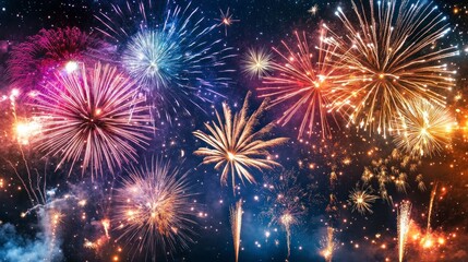 Fototapeta premium A serene and colorful New Year's night scene, where fireworks burst over soft clouds, illuminating the sky with brilliant colors against a backdrop of deep blues and a starry horizon.