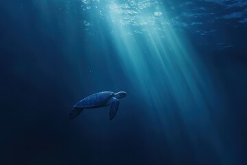 Obraz premium Serene Sea Turtle Swimming Gracefully in Crystal Clear Water Under Beautiful Sunlight Rays Illuminating the Deep Blue Ocean Environment