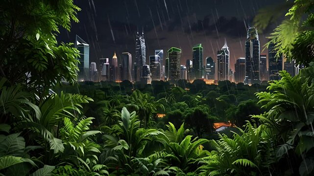 City view from the forest during rain. Seamless 4K looping timelapse video animation background