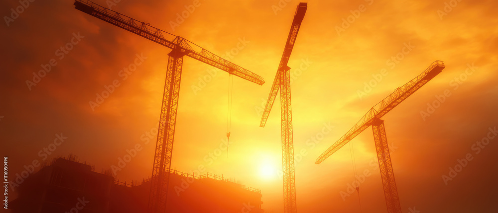 Poster urban construction site bustling with activity, towering cranes, scaffolding, workers collaborating 
