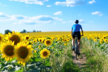 Fototapeta premium Cyclist embarking on a journey through a lush sunflower field rural landscape vibrant daylight nature's splendor outdoor adventure scenic viewpoint for captivating experiences