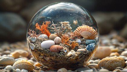 A glass sphere with embedded sea stones, miniature sea creatures, and delicate shells, creating an oceanic microcosm