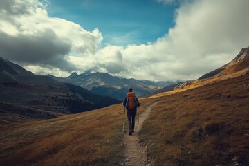 Obraz premium A solo hiker's journey through majestic mountain trails high altitude landscapes quality imagery capturing nature's beauty and adventure in the great outdoors