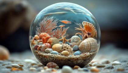 A glass sphere with embedded sea stones, miniature sea creatures, and delicate shells, creating an oceanic microcosm