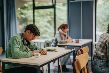 Students focus on their studies in a warmly lit classroom, creating an atmosphere of concentration...
